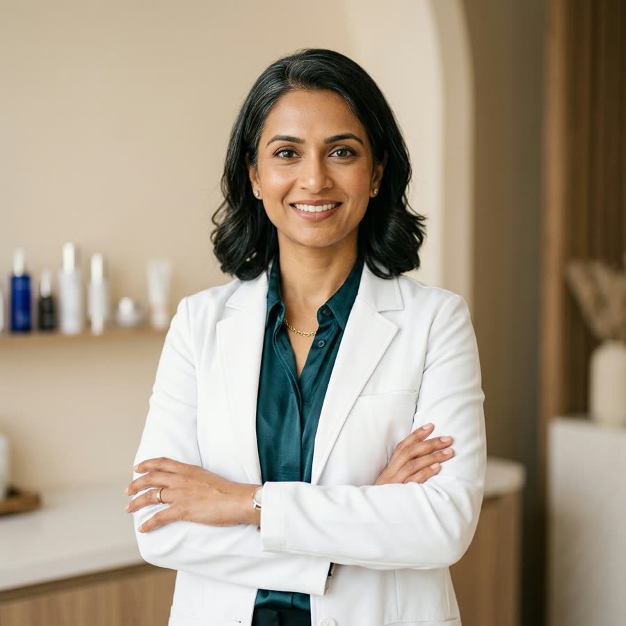 Portrait of Dr. Meera Kapoor in a white coat.